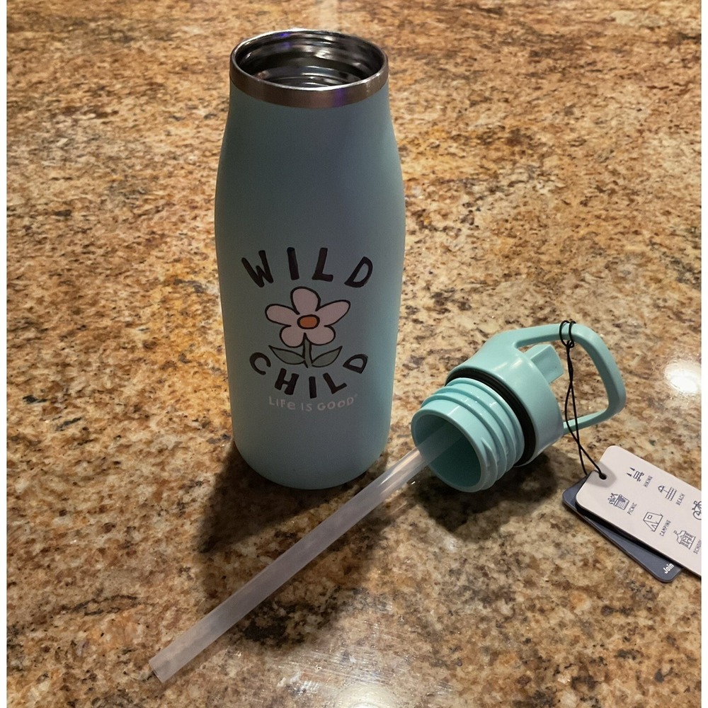 NWT Life is Good Stainless Steel Kids Water Bottle 14oz‎ W/Straw Blue Wild Child - Picture 6 of 7